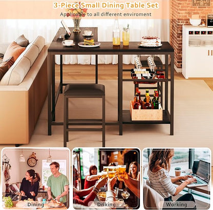 Bar Table and Chairs Set for 2-4, 3-Piece Convertible L-Shaped Dining Set with Storage Shelves & Cup Holder & Wine Rack, 63'' Corner Kitchen Table Set with 2 PU Cushion Stools & Power Outlets, Black