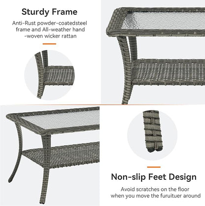 Outdoor Coffee Table - Patio Rattan Wicker Coffee Table with Tempered Glass Top and 2-Tier Storage Outdoor Table for Deck Porch Balcony Garden - Grey