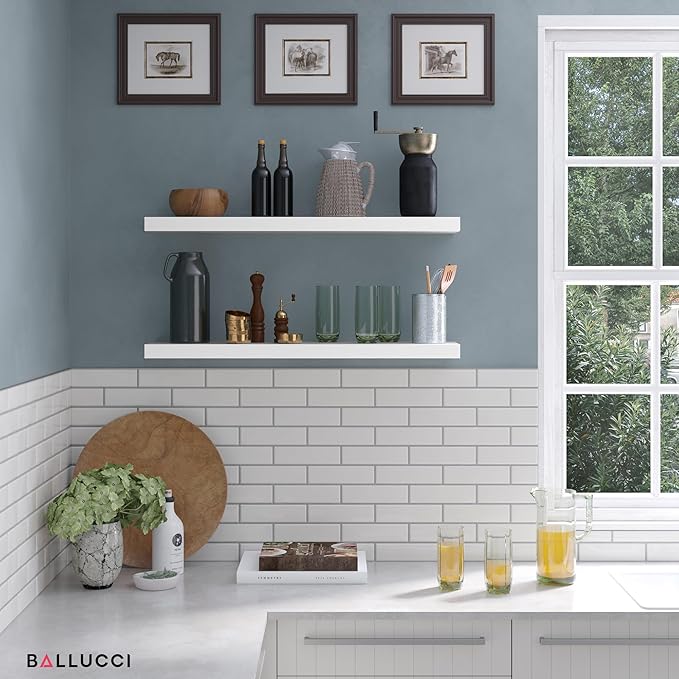 Ballucci Floating Shelves for Wall, 36" Wood Wall Shelf Set of 2, with Invisible Brackets for Bathroom, Living Room, Bedroom, Kitchen, Nursery, 8" Deep, White