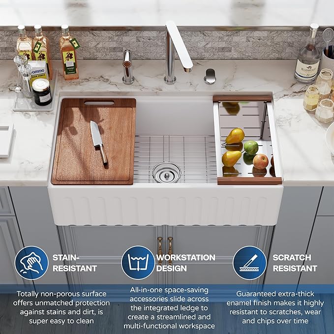30 White Farmhouse Sink Reversible Workstation, Hugsleek Undermount Farm Kitchen Sink 30x20 inch Apron Front White Porcelain Ceramic Fireclay Sinks Single Bowl Under Counter Farmer Basin Accessories