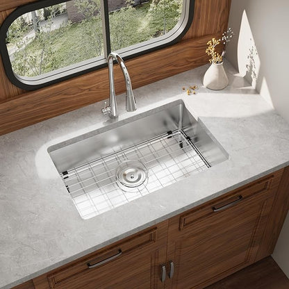 Kitsitchen RV Kitchen Sink 25 Inch, Stainless Steel Undermount Single Bowl Kitchen Sinks, 7 Inch Depth RV Sink with Strainer & Bottom Gird, Outdoor Camper Prep Sinks(25" x 16" x 7")