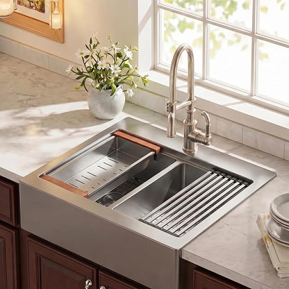 LQS Double Bowl Kitchen Sink, Undermount/Drop In Kitchen Sink, Double Bowl Stainless Steel Kitchen Sinks, 16 Gauge Stainless Steel Handmade Sinks (Stainless Steel, 30" x 22" x 10")