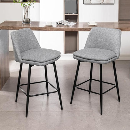 Counter Height Swivel Bar Stools Set of 2, 360° Swivel Upholstered Barstools with Back and Metal Legs, 25.6" Seat Height,Counter Stools for Kitchen Island and Pub,Linen Cloth,for Living Room