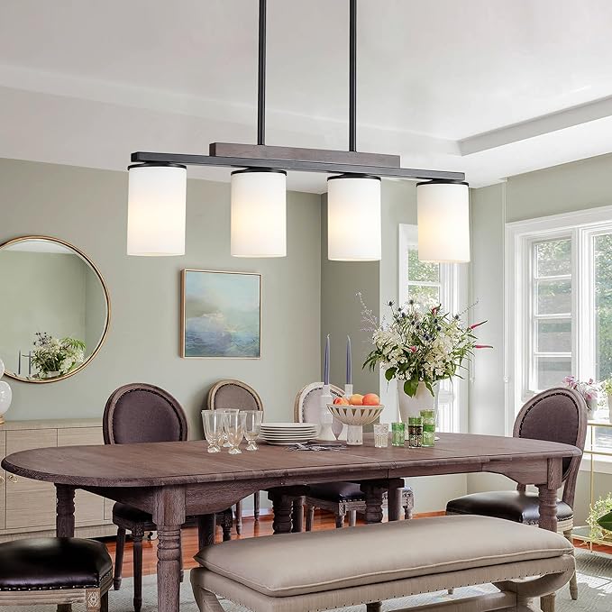 Mecgirn Farmhouse Dining Room Light Fixtures Over Table, Black Pendant Lights for Kitchen Island with Milk Glass Shade, 4 Light Linear Chandelier Lighting with Wood