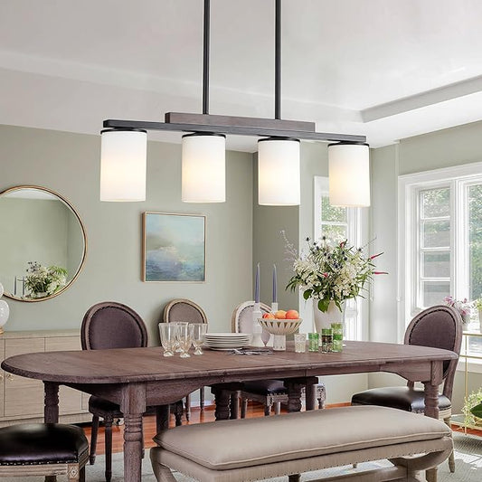 Mecgirn Farmhouse Dining Room Light Fixtures Over Table, Black Pendant Lights for Kitchen Island with Milk Glass Shade, 4 Light Linear Chandelier Lighting with Wood