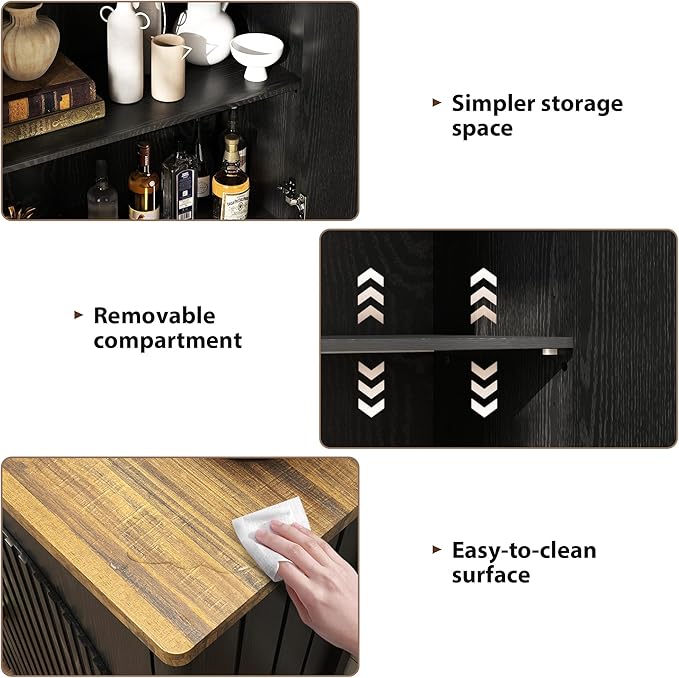 Sideboard Cabinet with Storage - 63” Large Kitchen Buffet Table, Adjustable Shelf & 4 Fluted Doors Farmhouse Coffee Bar for Living Room Dining Room Entryway, Wood