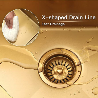 Gold Drop In Kitchen Sink 25” X 22”, 25 Inch Top Mount 16 Guage T-304S Stainless Steel Kitchen Sinks, 10 Inch Deep Single Bowl laundry Sink with Accessories