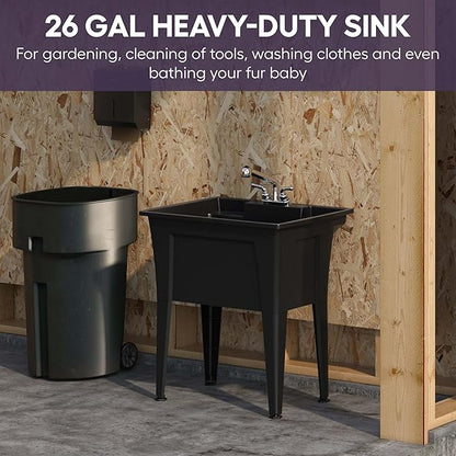 32” Utility Sinks for Laundry Room, Garage, Garden, Basement – Noah William Home Indoor and Outdoor Polypropylene Basement Wash Tub - No Faucet Included (Black)