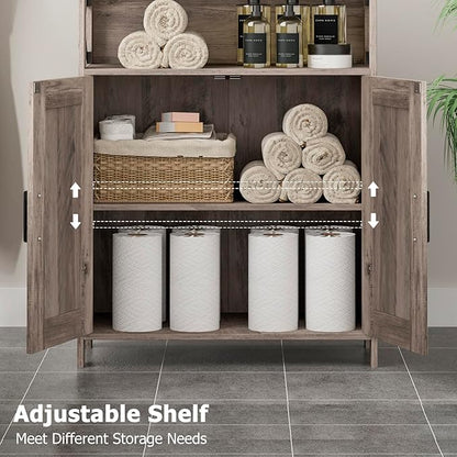 Homhedy Farmhouse Bathroom Storage Cabinet with 2 Doors, Toilet Paper Cabinet with Adjustable Shelves, Small Bathroom Cabinet for Kitchen/Laundry/Living Room, 11.8 x 23.6 x 31.5 Inches, Greige