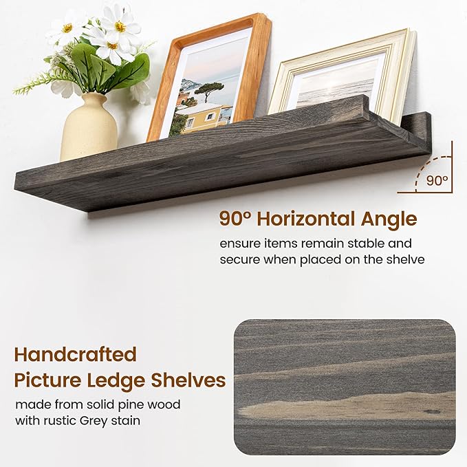 FLYJOE Picture Ledge Shelf, Floating Shelves Set of 2, Solid Pine Wood 72'' Long Large Nursery Book Shelves for Toys Storage, Kids Bookshelf for Living Room Bedroom Decor Books Photo Frames, Grey