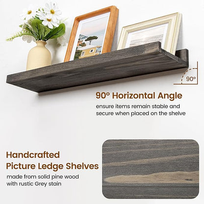 FLYJOE Picture Ledge Shelf, Floating Shelves Set of 2, Solid Pine Wood 72'' Long Large Nursery Book Shelves for Toys Storage, Kids Bookshelf for Living Room Bedroom Decor Books Photo Frames, Grey