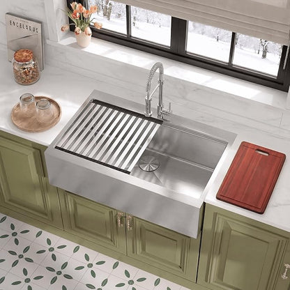 Rhbamoa 36 Inch Stainless Steel Farmhouse Sink,16-Gauge T304 Stainless Steel Single Bowl Apron Front Kitchen Sink,10 Inch Depth Topmount Farm Sinks with All Accessories