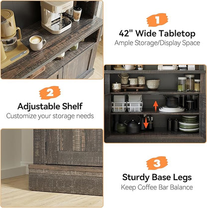 GarveeHome Coffee Bar Cabinet with LED Lights 72 in Tall Buffet Cabinet with Storage Farmhouse Kitchen Sideboard Tall Coffee Hutch with Microwave Stand/Wine Rack/Glass Shelf Dining Room (Oak Black)