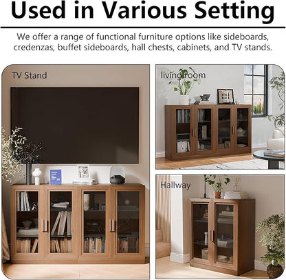 Casaphoria Adam Sideboard Buffet Cabinet with Storage, Display Cabinet with Glass Doors & Adjustable Shelves, 62" W x 36" H Buffet Cabinet for Entryway Kitchen Living Room, Walnut