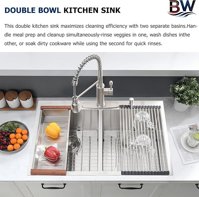 33x22 Double Bowl Drop In Kitchen Sink - 16 Gauge Stainless Steel Top Mount Drop In Sink, 50/50 Split, Durable for Home Kitchen