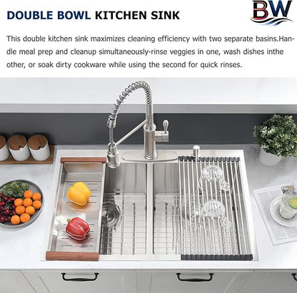 33x22 Double Bowl Drop In Kitchen Sink - 16 Gauge Stainless Steel Top Mount Drop In Sink, 50/50 Split, Durable for Home Kitchen