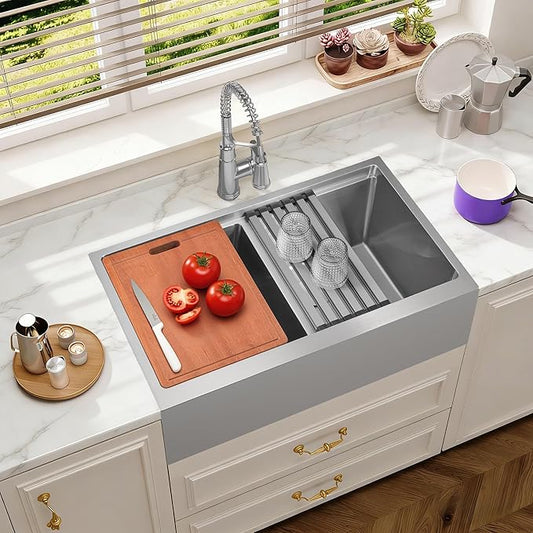 Kitsitchen Undermount Kitchen Sink 36 Inch, Large Farmhouse Workstation Apron Front Kitchen Sink,16 Gauge Stainless Steel 10" Deep Double Bowl Farm Kitchen Sinks with Ledge & Accessories