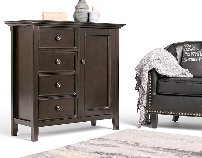 SIMPLIHOME Amherst 37-inch Wide Solid Wood Transitional-Style Storage Cabinet in Hickory Brown, Cabinet with 4 Drawers and Adjustable Shelves for Living Room or Entryway