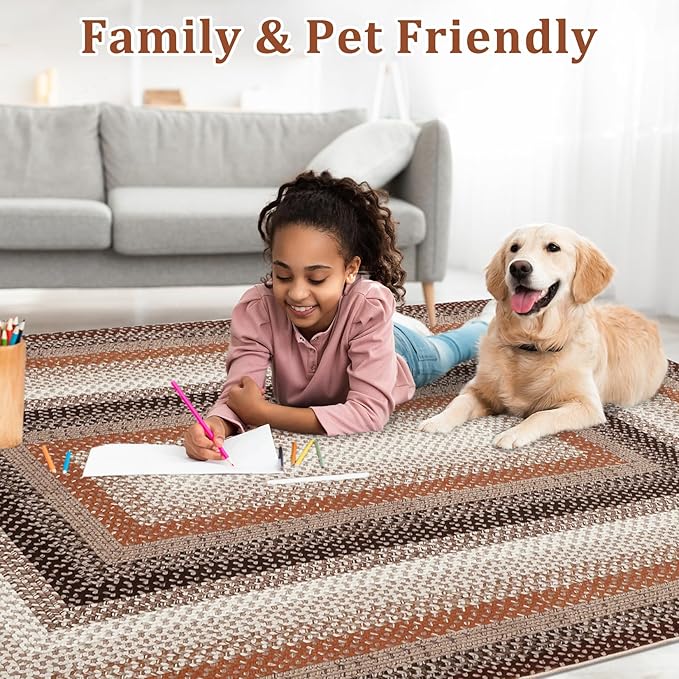 Imitation Braided Collection-Print Washable Rugs 9 x 12 Rug for Living Room Farmhouse Bedroom Rug Bordered Large Area Rug Non Slip Throw Rugs Stain Resistant Carpet for Office Dining Room
