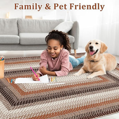 Imitation Braided Collection-Print Washable Rugs 9 x 12 Rug for Living Room Farmhouse Bedroom Rug Bordered Large Area Rug Non Slip Throw Rugs Stain Resistant Carpet for Office Dining Room