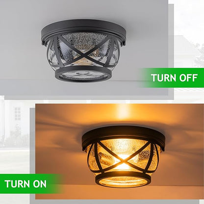 Oil-rubbed Bronze Flush Mount Ceiling Light Fixtures, 2-Light Farmhouse Porch Light Ceiling Mount with Seeded Glass, Industrial Outdoor Indoor Flush Mount Light Fixture for Kitchen Entryway & Foyer