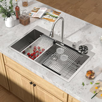 36 Inch Drop-In Single Bowl Kitchen Sink with Faucet, 16 Gauge 304 Stainless Steel Workstation Sink with Waterfall Outlet, Brushed Finish for Decoration or Renovation #TL-FDOE00015