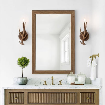 JONATHAN Y 5.5" Brown 1-Light Wood Finish Faux Antler LED Vanity Light Set of 2, Rustic Wall Sconces for Bathroom Mirror Hallway, Southwestern Farmhouse Decor, LED Bulbs Included JYL6307A-SET2