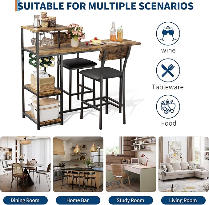 GAOMON 3-Piece Dining Set, Bar Table and Chairs Set for 2, High Top Table and Upholstered Chairs with Storage Shelves, Breakfast Nook, Bar Pub Set for Kitchen, Home Bar, Small Space