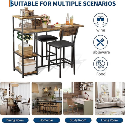 GAOMON 3-Piece Dining Set, Bar Table and Chairs Set for 2, High Top Table and Upholstered Chairs with Storage Shelves, Breakfast Nook, Bar Pub Set for Kitchen, Home Bar, Small Space