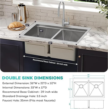 MILOSEN 36 Inch Double Bowl Kitchen Sink, 36''x22'' Drop in 16 Gauge T304 Stainless Steel Sinks, Workstation Sink 50/50 Topmount Double Basin with Accessories, 10'' Deep and Large Handmade Sinks