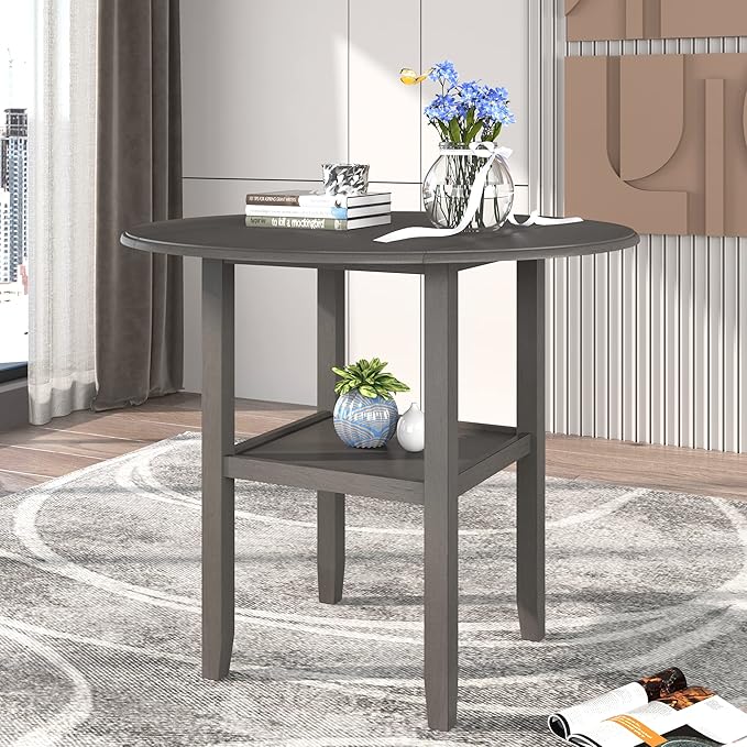 Modern Rustic 3 Piece Round Counter Height Dining Table Set with with Drop Leaf Table,Bottom Shelf and 2 Padded Chairs,Wooden Kitchen Furniture for Small Places