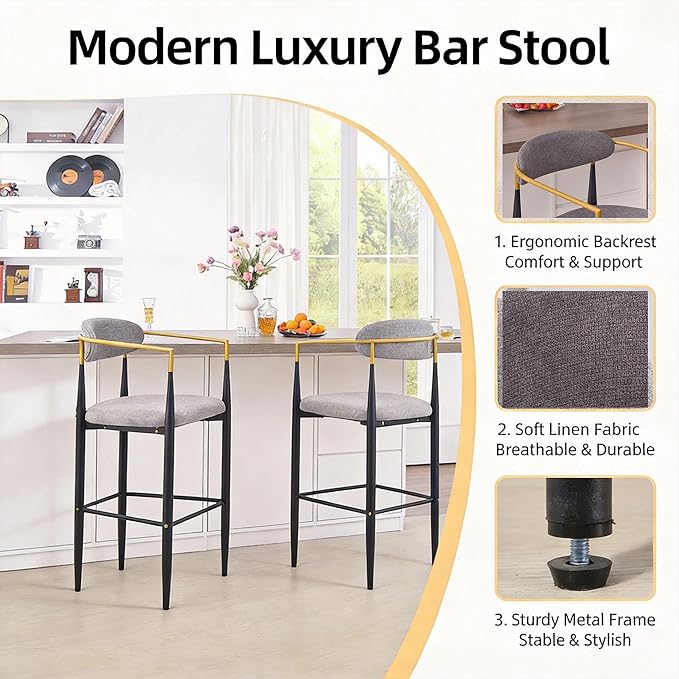 Modern Upholstered Accent Chair Set of 2 with Ergonomic Backrest,Gold Accented Armrests,Linen Fabric Seat,Black Metal Frame,Contemporary Seating for Dining Room,Kitchen Island (Grey,Bar Stool)
