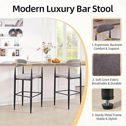 Modern Upholstered Accent Chair Set of 2 with Gold Accented Armrests, Ergonomic Barrel Back, Padded Fabric Seat, Metal Frame for Dining Room, Kitchen Island, Counter, Office (Grey,Bar Stool)