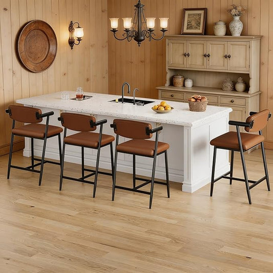 GarveeHome Counter Height Bar Stools Set of 4 with Armrests, 26" Upholstered 4pcs Tall Bar Stools Set, Long Backrest & Extra Thick Cushion, Modern High Barstools for Kitchen Island, Pub, Coffee Brown