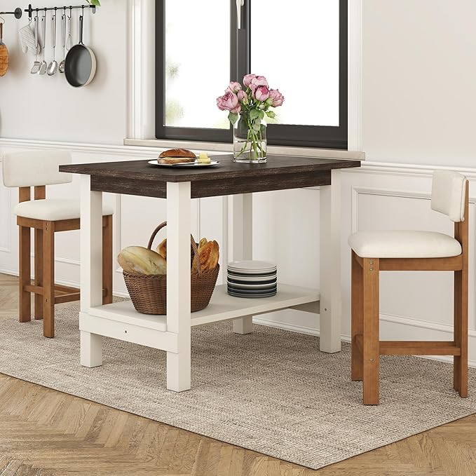 3-Piece Counter Height Dining Table Set for 2, Bar Height Table and 2 Bar Stools for Kitchen Island/Dining Room(Brushed Brown Table & White Barstools)
