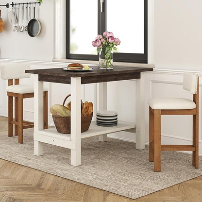 3-Piece Counter Height Dining Table Set for 2, Bar Height Table and 2 Bar Stools for Kitchen Island/Dining Room(Brushed Brown Table & White Barstools)