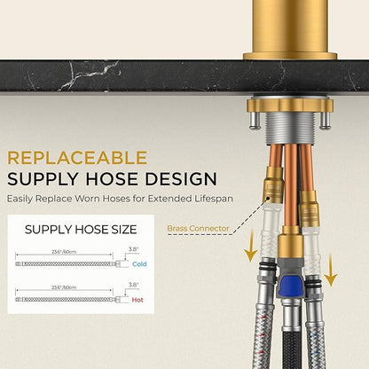 FORIOUS Gold Kitchen Faucet with Pull Down Sprayer, Brushed Brass High Arc Gooseneck Modern Sink Faucet with CUPC Ceramic Cartridge, Single Handle Stainless Steel and Deck Plate