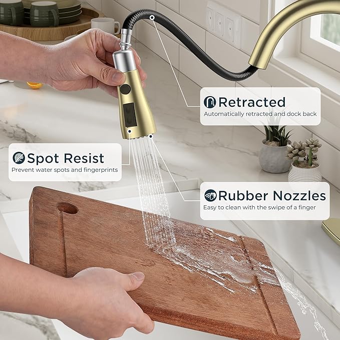 QFN Gold Kitchen Faucet with Pull Down Sprayer, High Arc Single Handle Single Level Stainless Steel Pull Out Sink Faucet for Farmouse Camper RV Bar, Fit for 1 or 3 Hole