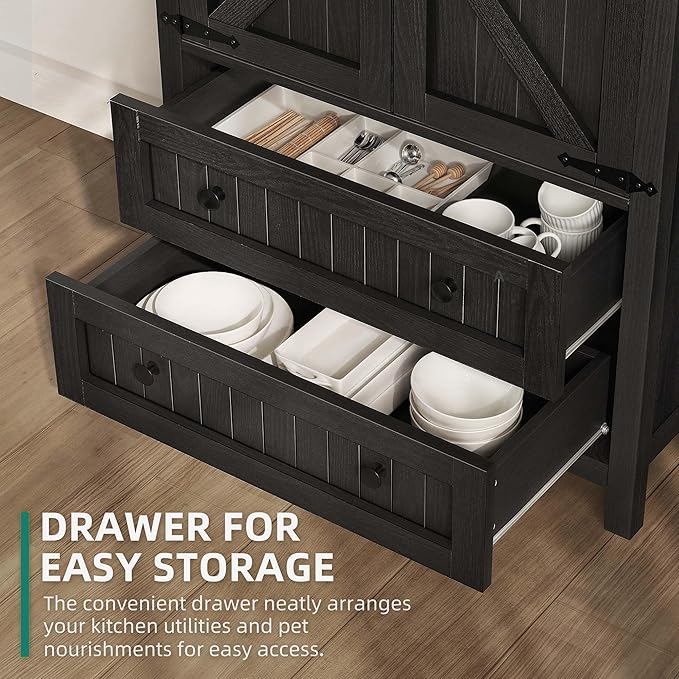 YITAHOME Farmhouse Kitchen Pantry Cabinet, 64.5" Tall Storage Cabinet with 2 Drawers & Adjustable Shelves, Ideal for Kitchen, Living Room, or Entryway, Oak Black