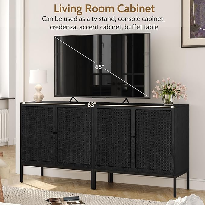 Yechen Black Rattan Buffet Cabinet with Storage, Sideboard Cabinet with Natural Rattan Decorated Doors, Accent Cane Credenza, Wooden Coffee Bar, for Living Room Entryway Kitchen, Metal Legs