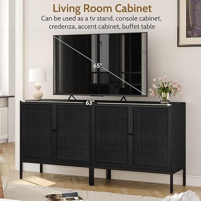 Yechen Black Rattan Buffet Cabinet with Storage, Sideboard Cabinet with Natural Rattan Decorated Doors, Accent Cane Credenza, Wooden Coffee Bar, for Living Room Entryway Kitchen, Metal Legs