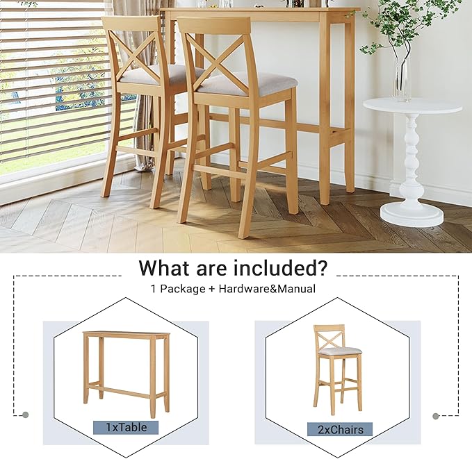 Farmhouse Bar Table Set of 3, Includes 48" Rectangular Wood Dining Table and 2 Bar Stools, Counter Height Kitchen Table Set for Small Spaces (Natural Color + Beige + Solid Wood + Foam)