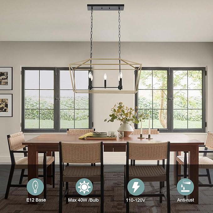 5-Light Kitchen Island Chandelier, Large Farmhouse Linear Pendant in Black and Gold, Vintage Lantern Hanging Light Fixture for Dining Room Over Table, Height Adjustable