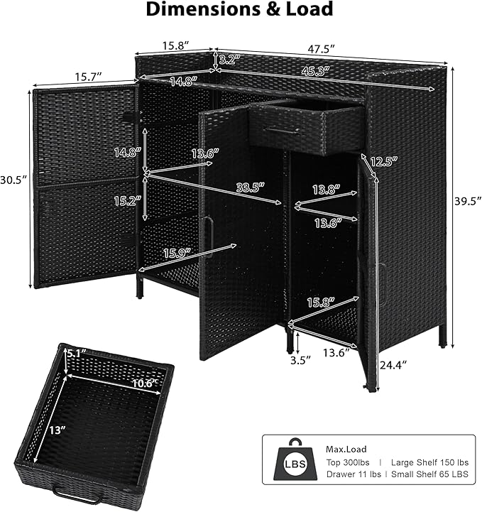 47.5 Inch Outdoor Storage Cabinet Wicker Buffet Table Patio Sideboard Tempered Glass Top Adjustable Shelves 3 Door Rattan Kitchen Island Drawer Dining Serving Console Metal Frame Black Brown