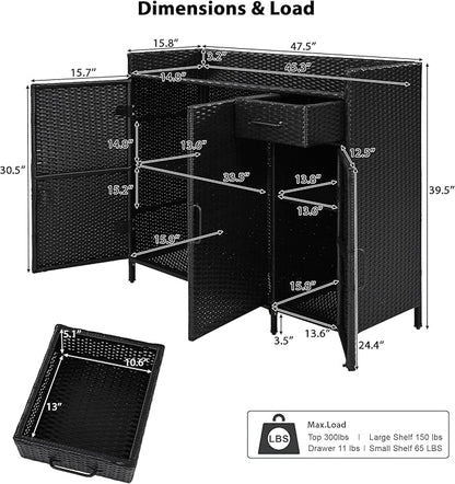 47.5 Inch Outdoor Storage Cabinet Wicker Buffet Table Patio Sideboard Tempered Glass Top Adjustable Shelves 3 Door Rattan Kitchen Island Drawer Dining Serving Console Metal Frame Black Brown