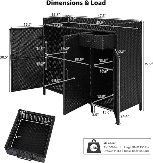 47.5 Inch Outdoor Storage Cabinet Wicker Buffet Table Patio Sideboard Tempered Glass Top Adjustable Shelves 3 Door Rattan Kitchen Island Drawer Dining Serving Console Metal Frame Black Brown