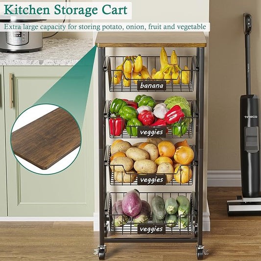 XYZLVSI Kitchen Storage Cart with Wheels, 5-Tier Metal Utility Rolling Cart Fruit Vegetable Storage Basket Pantry Rack with Wood Top & Pull Out Baskets for Kitchen, Livingroom, Diningroom, Office