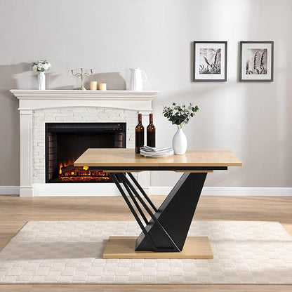 62" Extendable Island Table, Rustic Dining Table with Metal Frame, Mid Century Dining Table with MDF Top for Kitchen Dining Office, Black+Natural
