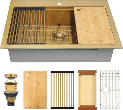 Gold Kitchen Sink 33" X 22",Drop In/Top Mount 16 Gauge Stainless Steel Workstation Sink,Deep & Large Single Bowl Kitchen Sinks (Gold, 33" X 22")