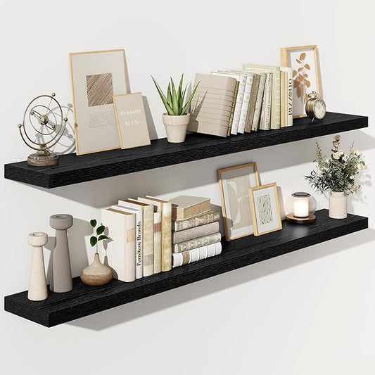 Fun Memories 66 Inch Fireplace Mantel Shelf with Invisible Bracket, 8 Inch Deep Floating Shelf for Living Room, Kitchen, Farmhouse, Black (2-Pack)